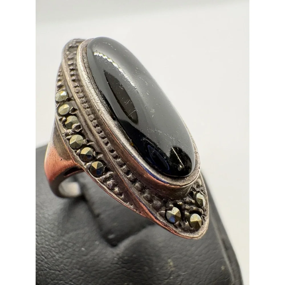 Vintage 925 Sterling Silver Black Onyx Marcasite Navette Ring Art Deco Size 5.5